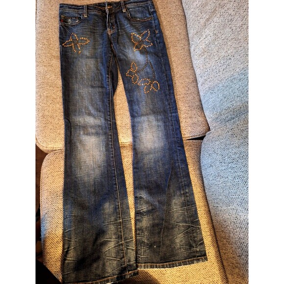Seven7 Womens Size 30 (30X32) Bootcut Premium Jeans EMBELISHED WHISKERED STRETCH - Picture 1 of 12